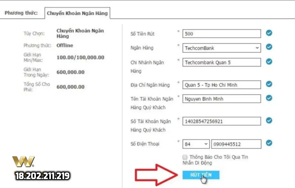 Điền các thông tin rút tiền W88 được yêu cầu để thực hiện giao dịch
